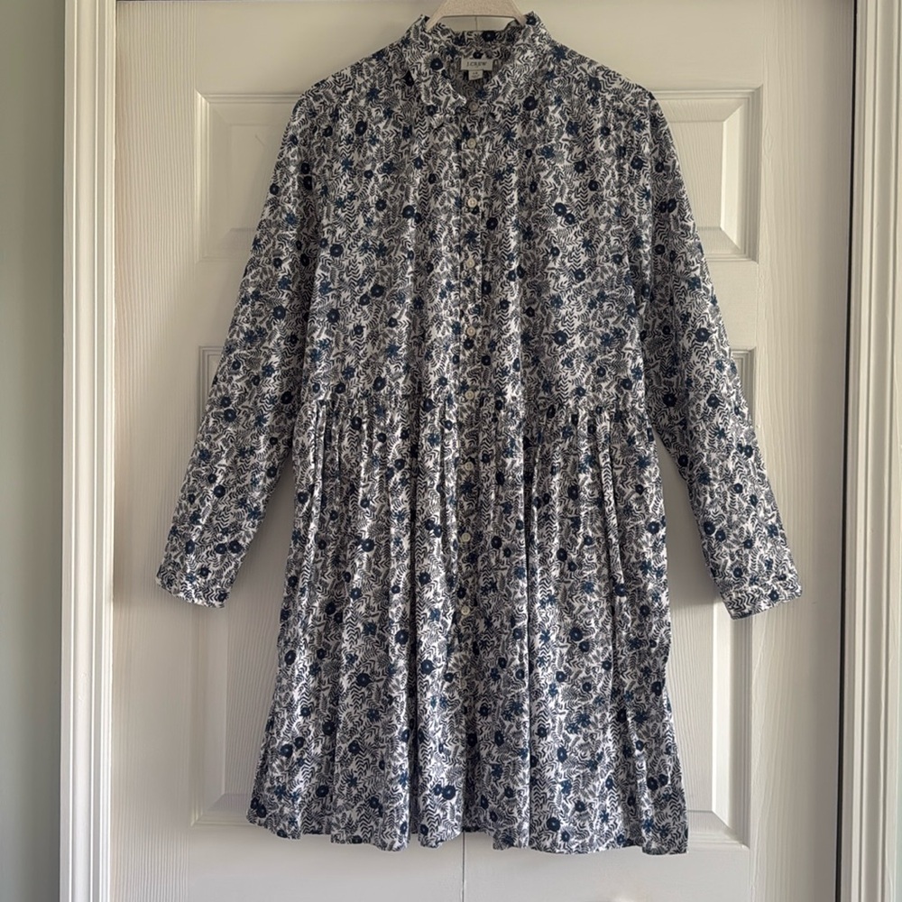 J. Crew Navy and White Floral Long-Sleeve Button Dress